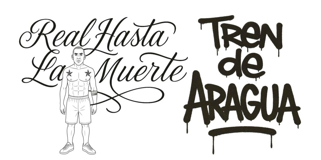 graphic image showing common sayings used by Tren de Aragua. "Real Hasta La Muerte" and stars on the shoulders.